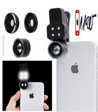 Camera Lens Kit with LED Light for Mobile Phone - Universal - Fisheye, Wide Angle and Macro Lens - Amazing Upgrade for Apple iPhone, (not suitable for iPhone 7 Plus)