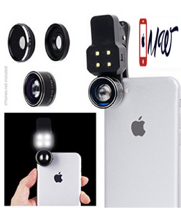 Camera Lens Kit with LED Light for Mobile Phone - Universal - Fisheye, Wide Angle and Macro Lens - Amazing Upgrade for Apple iPhone, (not suitable for iPhone 7 Plus)