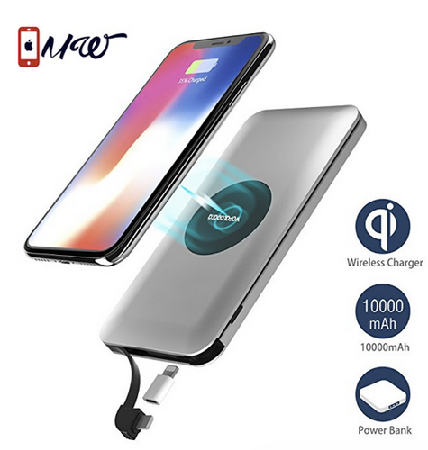 Wireless Charger Power Bank, Qi Wireless Charging 10000mAh External Battery Pack with Built in Micro Cable and Lightning Adapter for iPhone X,iPhone 8/8+