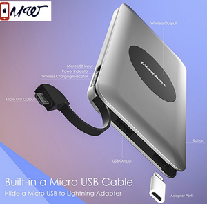 Wireless Charger Power Bank, Qi Wireless Charging 10000mAh External Battery Pack with Built in Micro Cable and Lightning Adapter for iPhone X,iPhone 8/8+